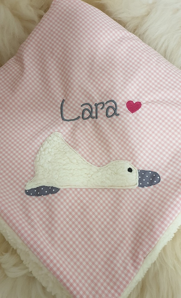 Babydecke Decke Kuscheldecke Ente Karo rosa & Wunschnamen W37