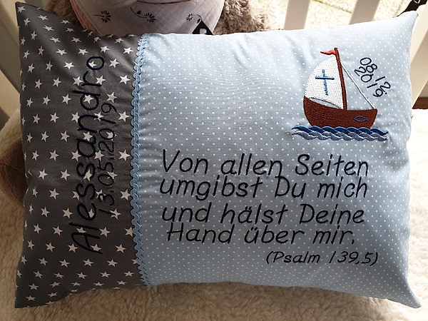 Taufkissen Kissen Taufspruch Spruch Boot Sterne grau Punkte hellblau & Wunschnamen W1169