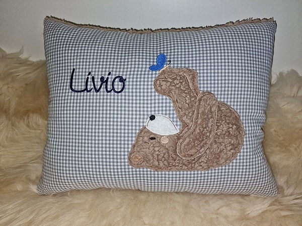 Kissen Taufkissen Bär Teddy Schmetterling grau Karo & Wunschnamen W784