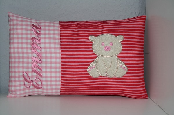 Kissen Bär Eisbär Karo rosa Streifen rosa rot & Wunschnamen W1147