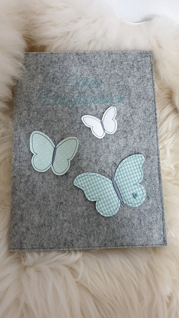 Babytagebuch Babyalbum Babybuch mint Schmetterlinge 3D W34