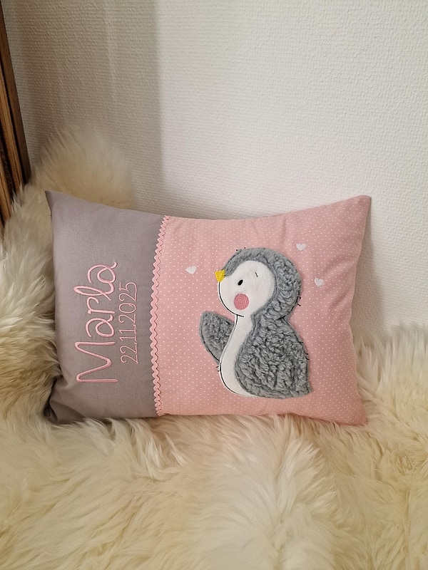 Kissen Taufkissen Pinguin Herzchen uni grau Punkte rosa 2tl & Wunschnamen W1825