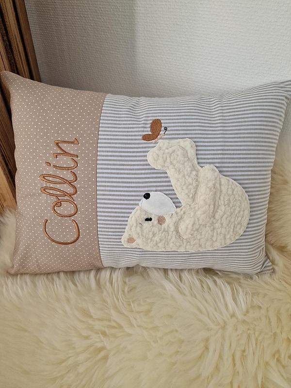 Kissen Bär Teddy Eisbär Schmetterling Punkte hellbeige Streifen beige 2tl & Wunschnamen W1897