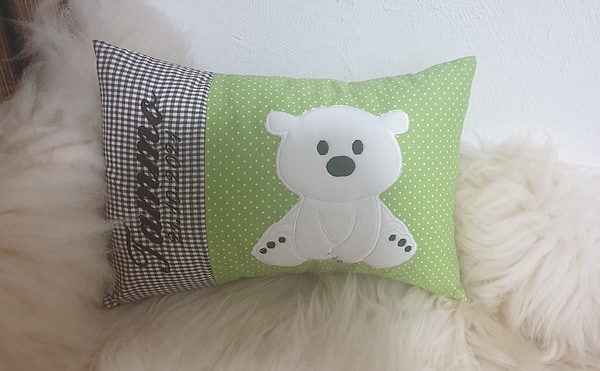 Kissen Bär Eisbär Karo braun Punkte grün & Wunschnamen W1132