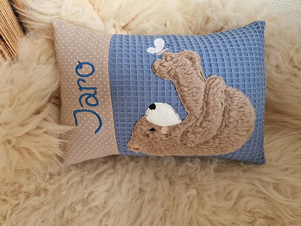 Kissen Bär Teddy Schmetterling Punkte hellbeige Waffel jeansblau blau 2tl & Wunschnamen W1783