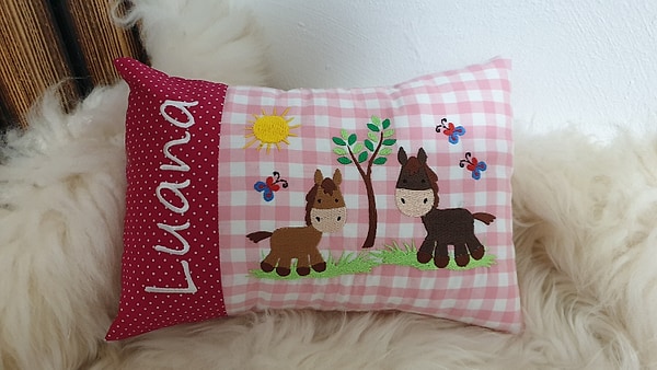 Kissen 2 Pferde Pferchen Punkte Pink rosa Karo 0,5 & Wunschnamen W1245