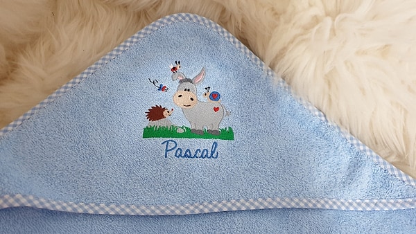 Babybadetuch Kapuzenhandtuch Esel Igel Freunde & Wunschname W331