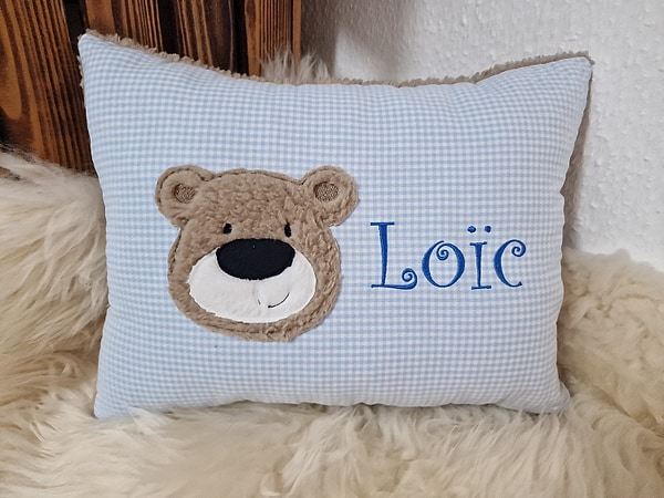 Kissen Taufkissen Bär Teddy Gesicht Braunbär blau Karo & Wunschnamen W889