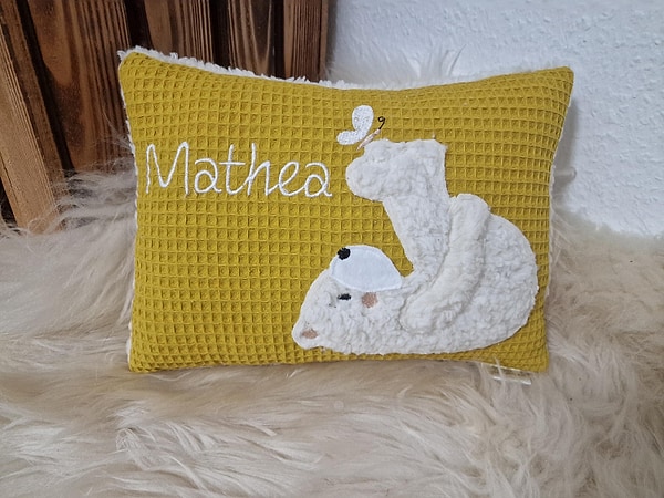 Kissen Taufkissen Bär Teddy Schmetterling senfgelb Waffel & Wunschnamen W1556