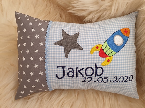 Kissen Geburtskissen Rakete Sterne grau hellblau & Wunschnamen W907