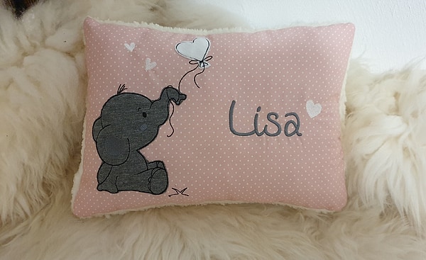 Kissen Taufkissen Elefant mit Herz rosa Punkte & Wunschnamen W898