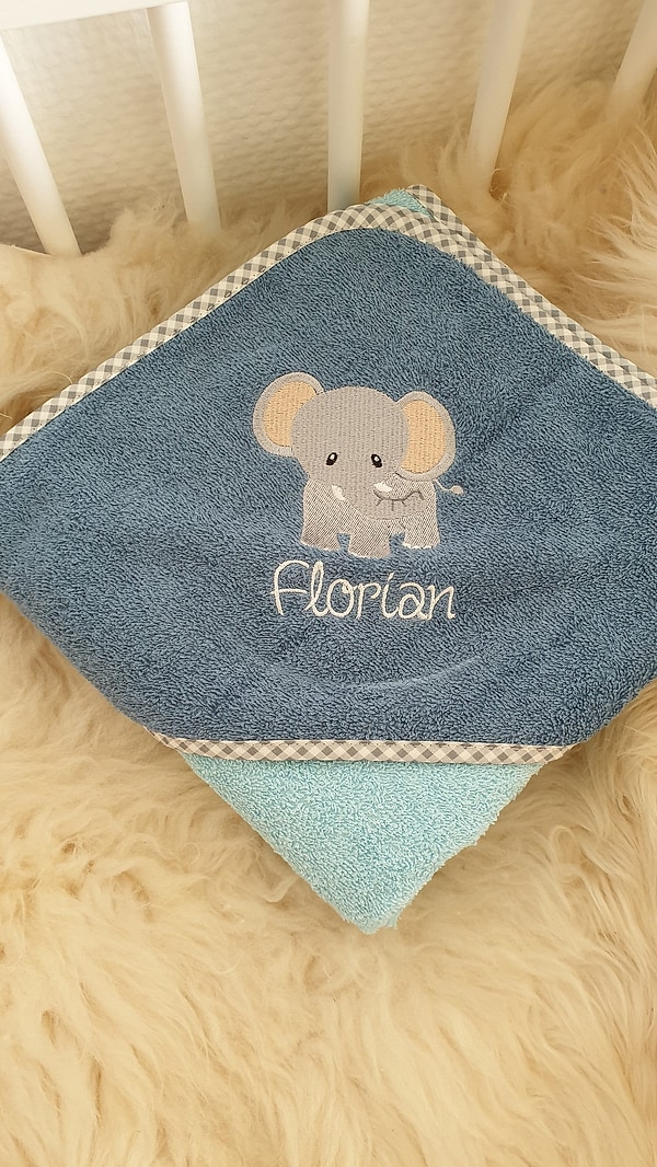 Babybadetuch Kapuzenhandtuch Elefant #2 petrol & Wunschname W498