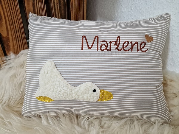 Kissen Ente Entchen Streifen beige & Wunschnamen W744
