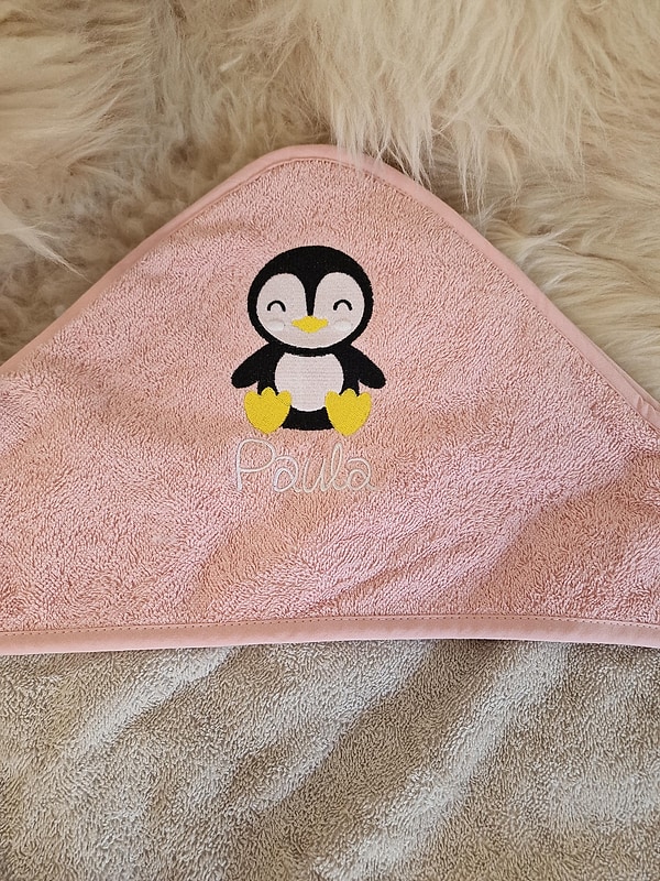 Babybadetuch Kapuzenhandtuch Pinguin rosa greige & Wunschname W1785