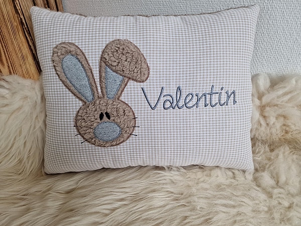 Kissen Taufkissen Hase Osterhase Häschen Schlappohr Karo beige & Wunschnamen W720