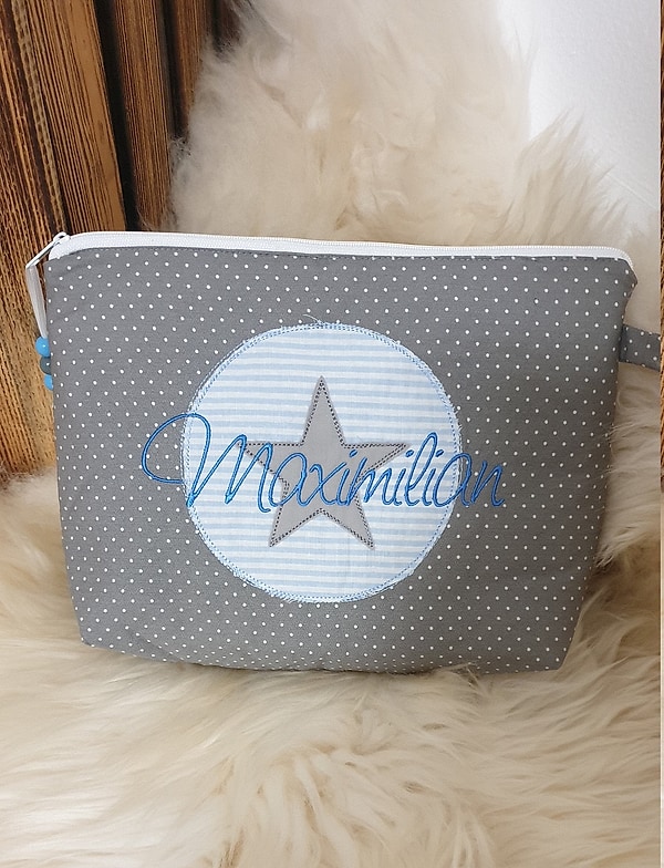 Windeltasche Kulturtasche Stern im Kreis grau blau mit Namen W181