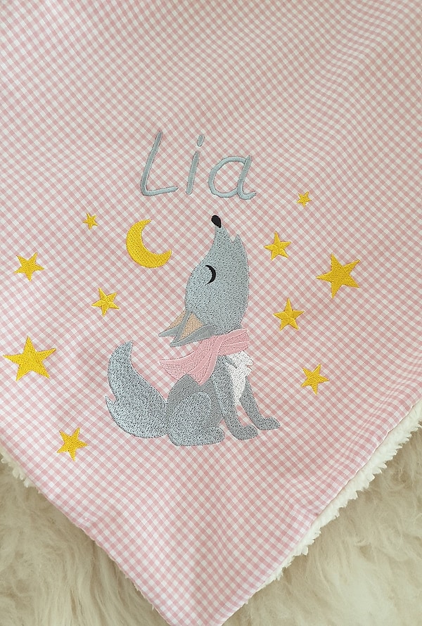Babydecke Decke Kuscheldecke Wolf Sterne rosa Karo & Wunschnamen W72