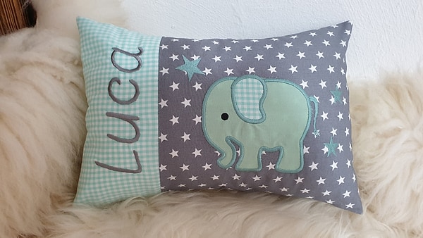 Kissen Elefant mint grau & Wunschnamen W886