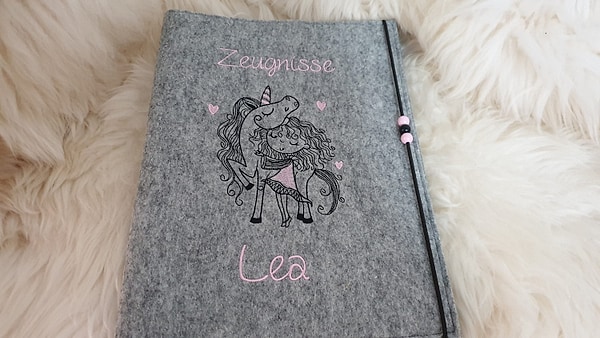Zeugnismappe Mädchen Einhorn rosa Wollfilz mit Namen W101