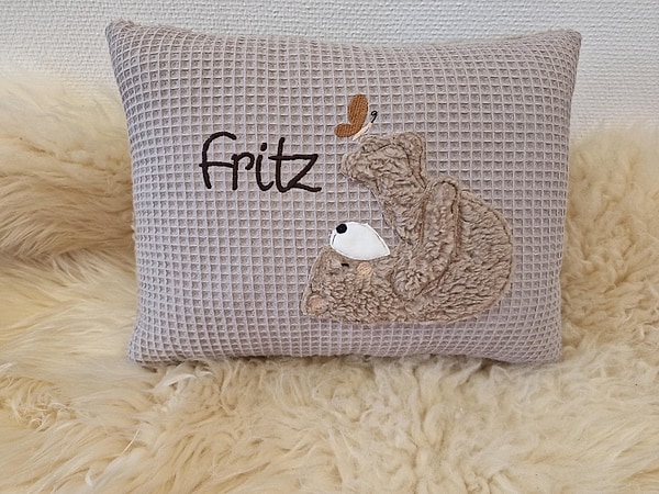 Kissen Taufkissen Bär Teddy Schmetterling Waffel beige (hell) & Wunschnamen W1713