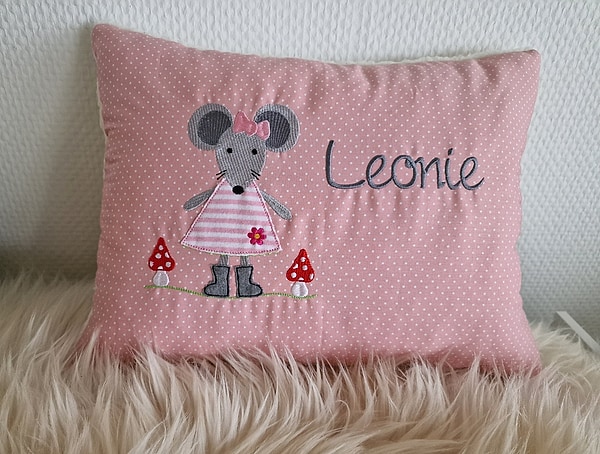 Kissen Taufkissen Maus Mäuschen Kleid rosa Punkte & Wunschnamen W1022