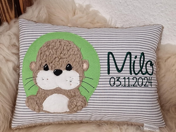 Kissen Taufkissen Otter Streifen grau grün & Wunschnamen W1722