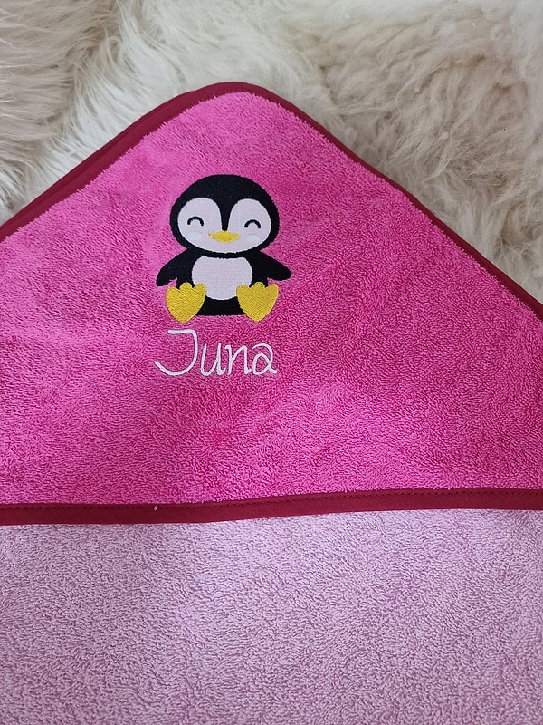 Babybadetuch Kapuzenhandtuch Pinguin pink rosa & Wunschname W523