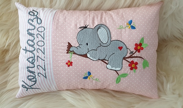 Kissen Elefant auf dem Ast Streifen Punkte rosa & Wunschnamen W825