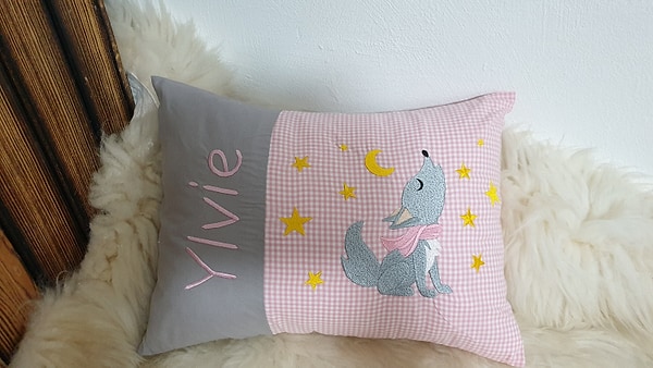Kissen Wolf grau rosa & Wunschnamen W940