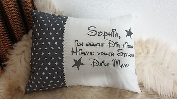 Kissen Spruch Wunschspruch Sterne grau weiß & Wunschnamen W1278