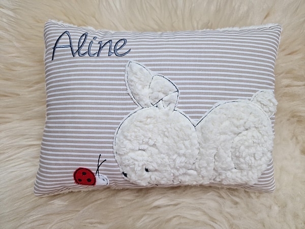 Kissen Hase Marienkäfer beige Streifen & Wunschnamen W1775