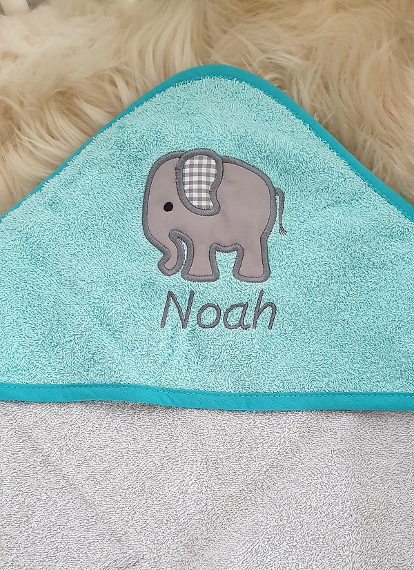 Babybadetuch Kapuzenhandtuch Elefant #3 mint/grau & Wunschname W547