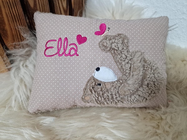 Kissen Taufkissen Bär Teddy Schmetterling beige (hell) Punkte pink & Wunschnamen W1587