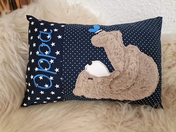 Kissen Taufkissen Bär Teddy Schmetterling Sterne Punkte dunkelblau 2tl & Wunschnamen W1705