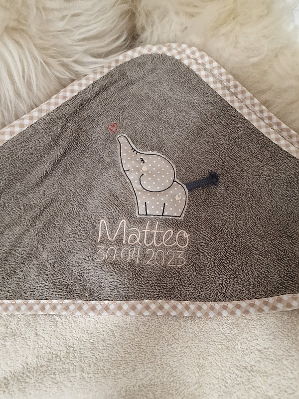 Babybadetuch Kapuzenhandtuch Elefant beige & Wunschname W369