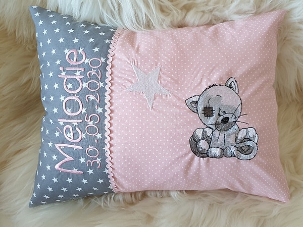 Kissen Katze Stern Sterne grau Punkte rosa & Wunschnamen W1215