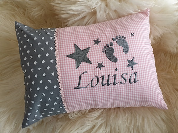 Kissen Füsschen Sterne groß und kleine grau rosa & Wunschnamen W1432