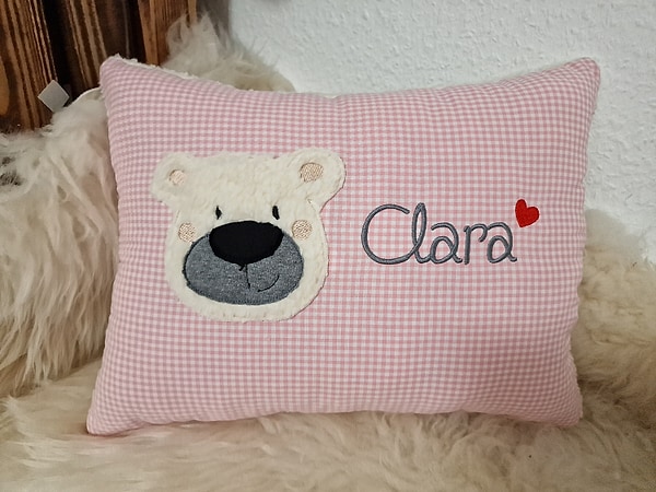 Kissen Taufkissen Bär Teddy Gesicht rosa Karo & Wunschnamen W809