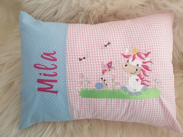 Kissen Einhorn Punkte hellblau Karo rosa & Wunschnamen W883