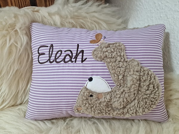 Kissen Taufkissen Bär Teddy Schmetterling flieder Streifen & Wunschnamen W878