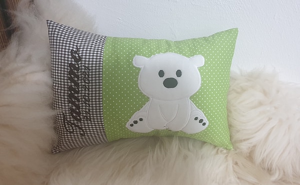 Kissen Bär Eisbär Karo braun Punkte grün & Wunschnamen W1132