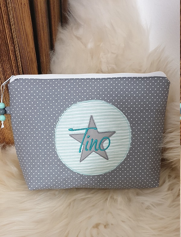 Windeltasche Kulturtasche Stern im Kreis grau mint mit Namen W161