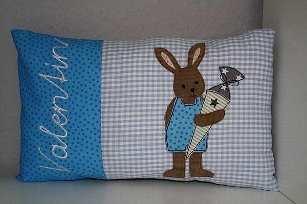 Kissen Einschulung Schule Hase Schultüte blau & Wunschnamen W14380
