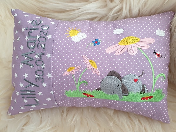 Kissen Elefant unter der Blume flieder Sterne & Wunschnamen W1336
