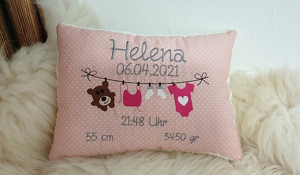 Taufkissen Geburtskissen Leine Bär Herz rosa Punkte & Wunschnamen W1254