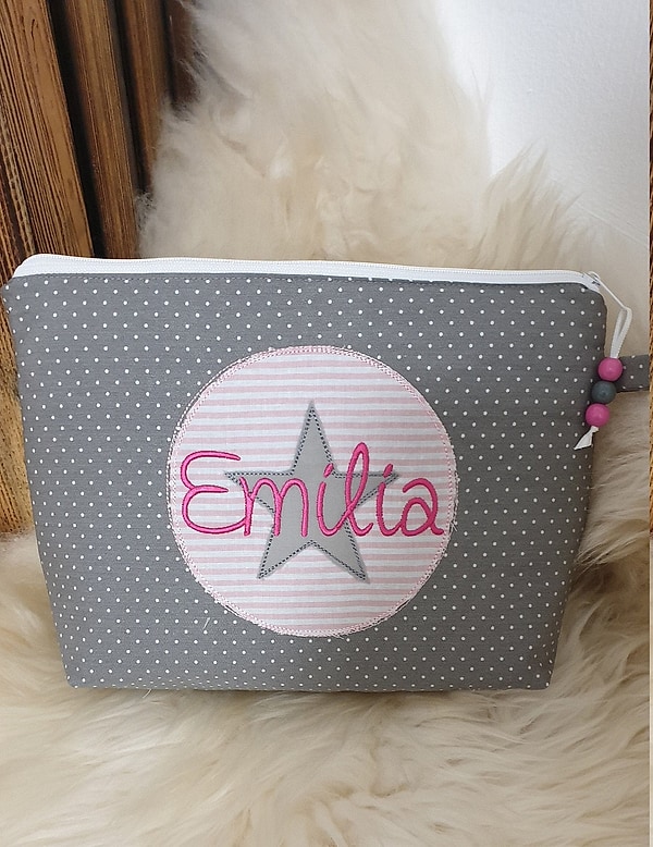 Windeltasche Kulturtasche Stern im Kreis grau rosa mit Namen W162