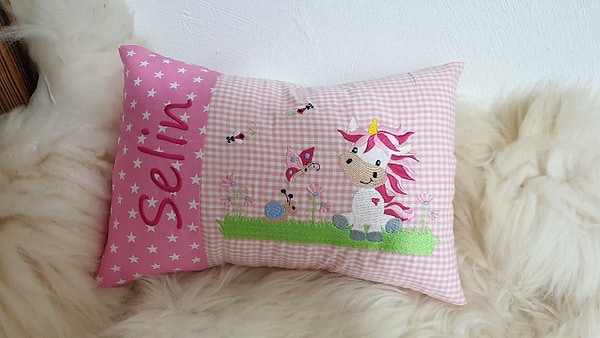 Kissen Einhorn Sterne rosa Karo rosa & Wunschnamen W1304