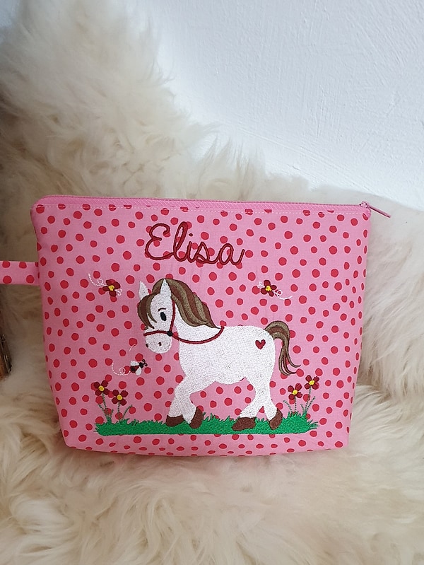Windeltasche Kulturtasche Pferd Pferdchen rosa Dots mit Namen W164