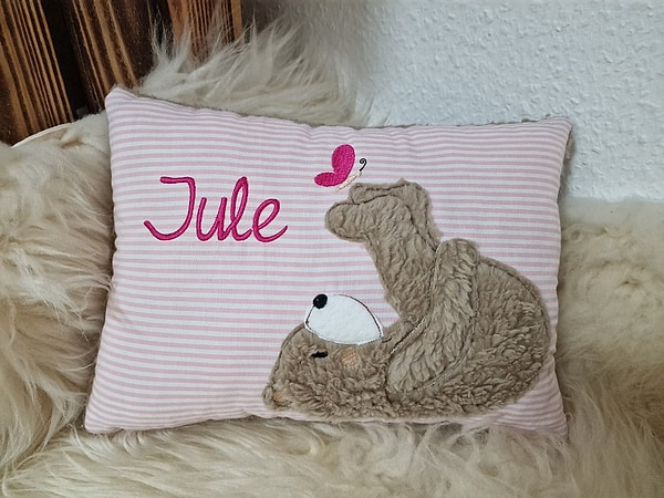 Kissen Taufkissen Bär Teddy Schmetterling Streifen rosa & Wunschnamen W822
