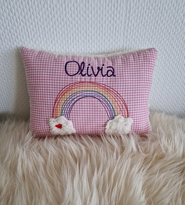 Kissen Taufkissen Regenbogen mit Herz altrosa Karo & Wunschnamen W968